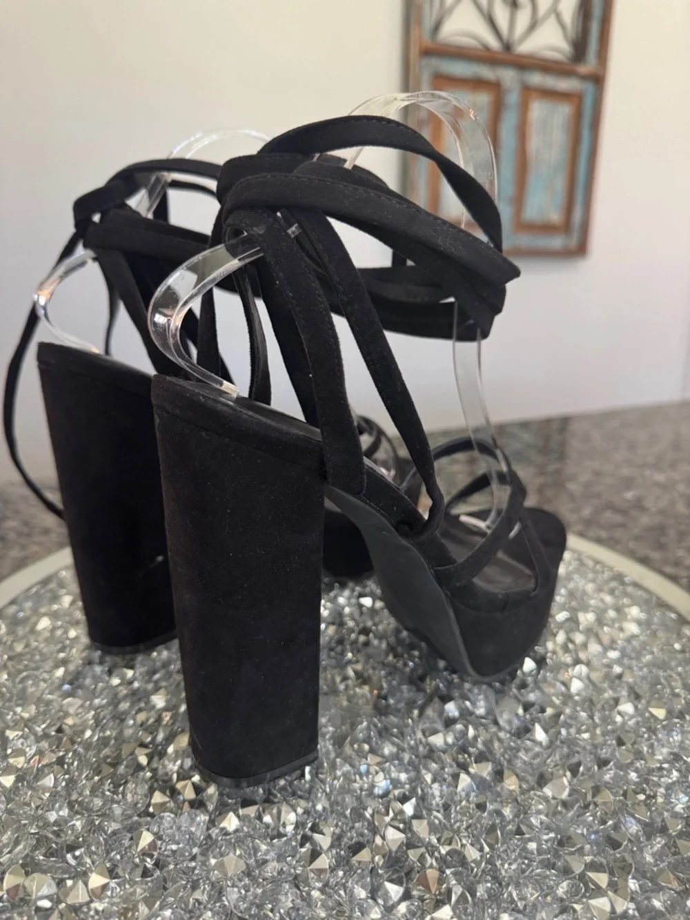 Fashion Nova Black Strappy Lace around ankle Platform Heels